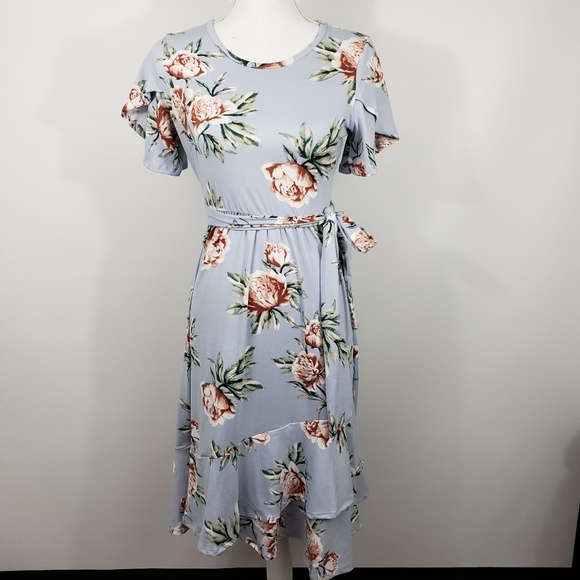 Womens soft stretchy floral modest faux wrap dress - Picture 2 of 8